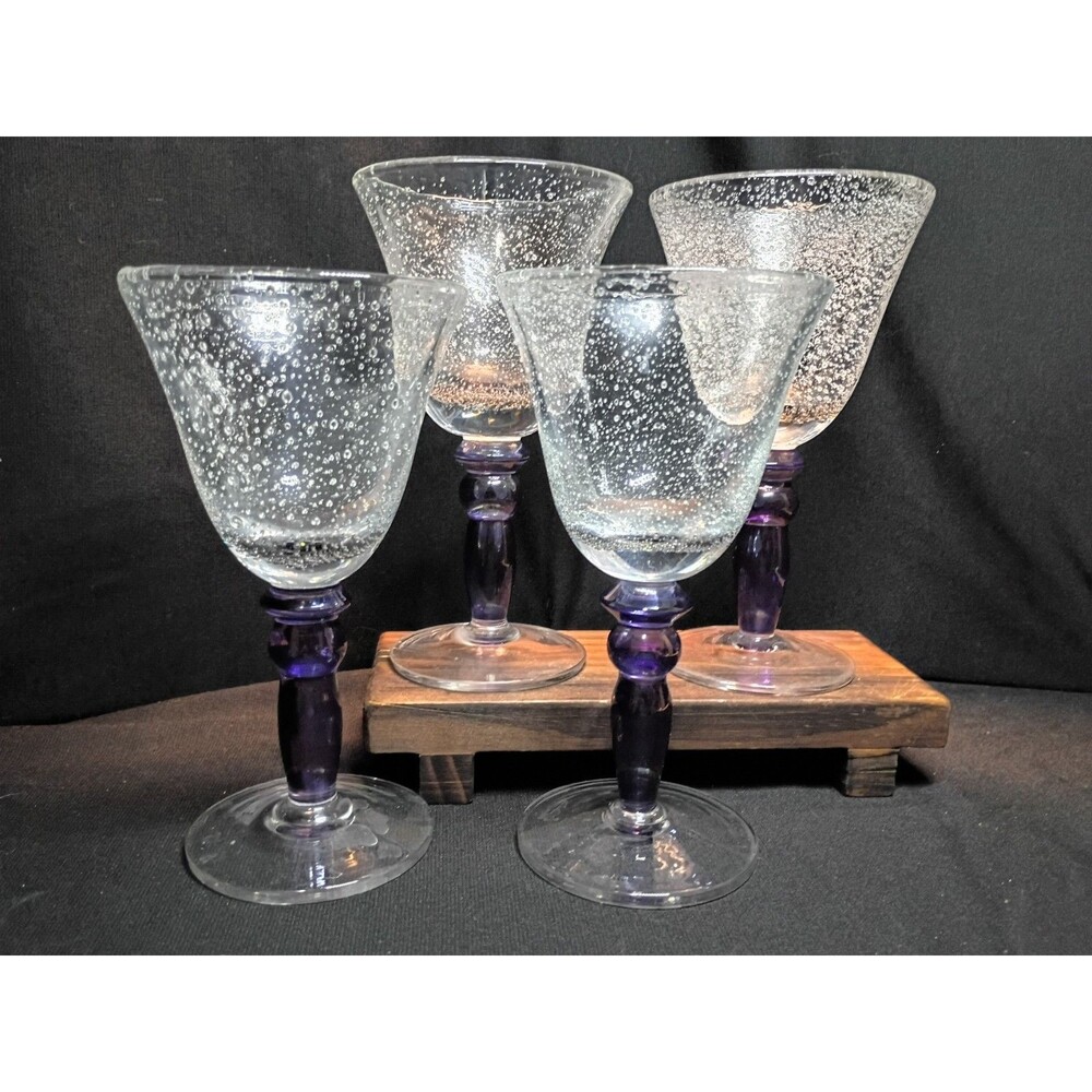Pottery Barn Seeded Bubble Glass Goblets Set 4 Amethyst Purple Stem Hand Blown